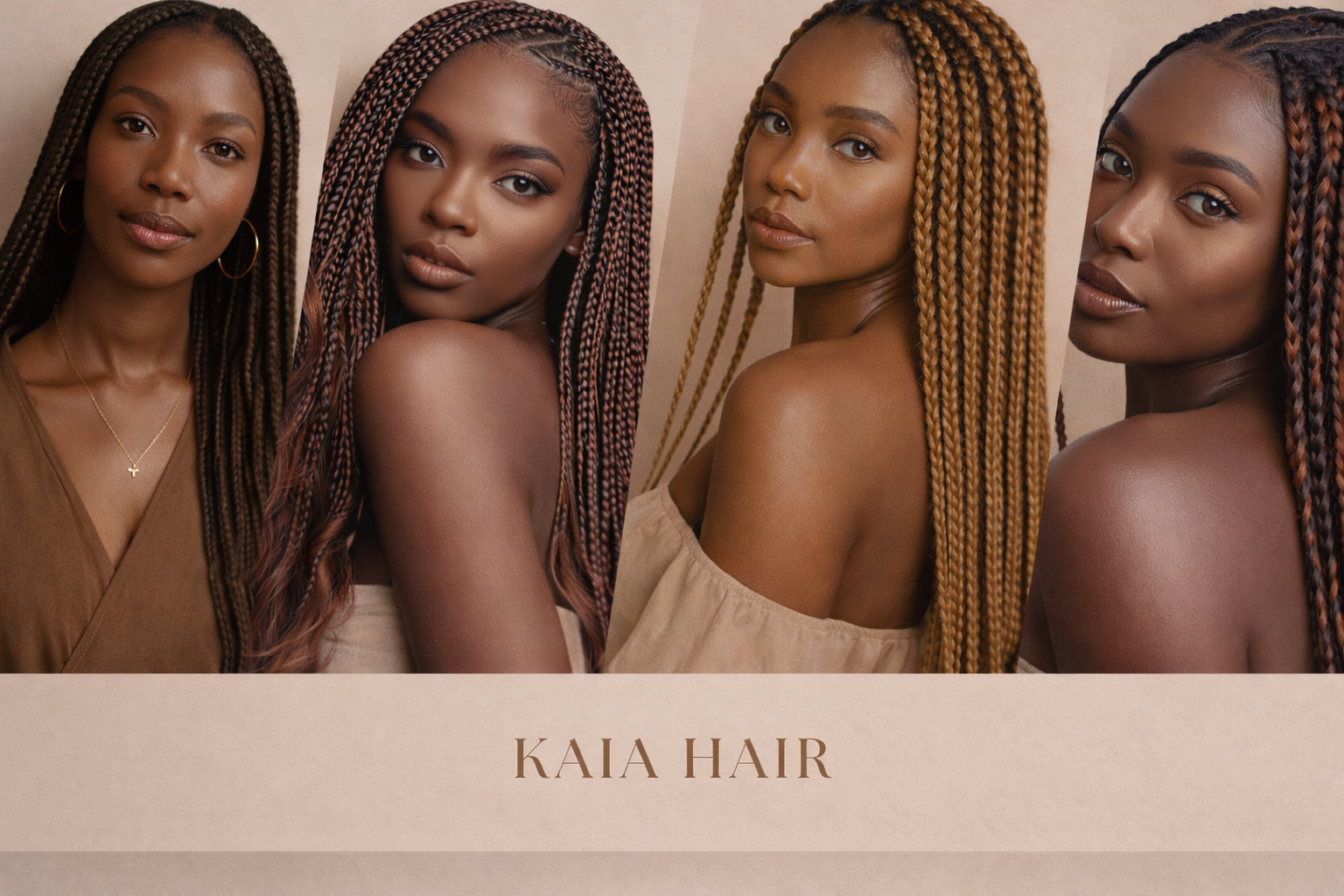 Four women with styled hair featuring the brand 'KAIA HAIR' on a beige background.